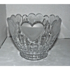 Bowl Vase Etched Hearts Footed Base - 24% PbO Lead Crystal - 1986 Love Vintage